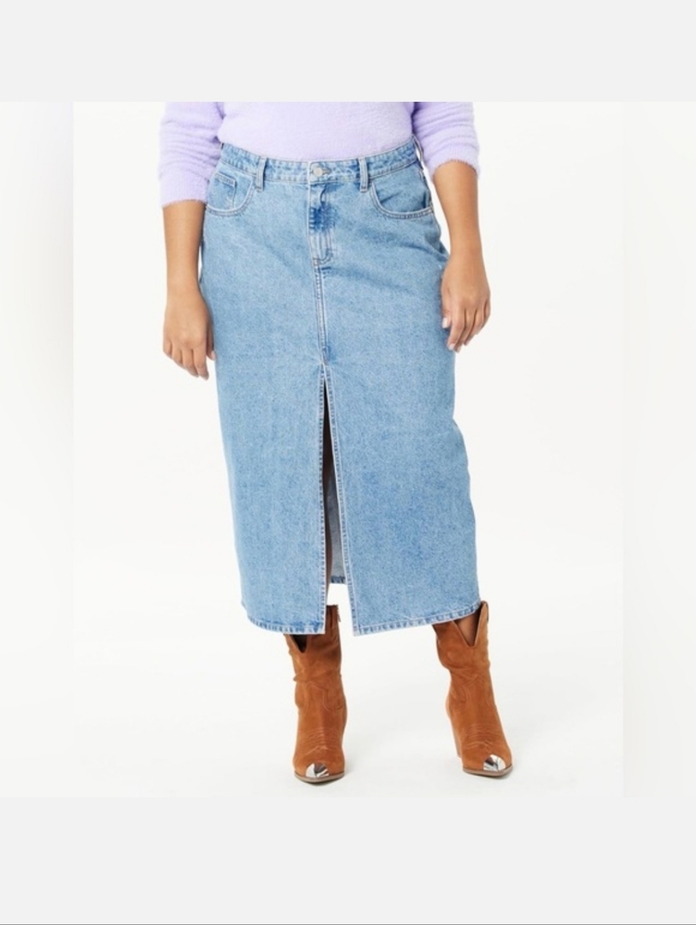 The Drop Light Wash Denim Midi Skirt with Front Slit - Blue